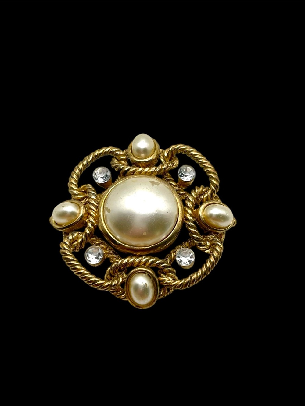 Beautiful Vintage Gold Tone Faux Pearl & Rhinestone Maltese Cross Brooch Pin